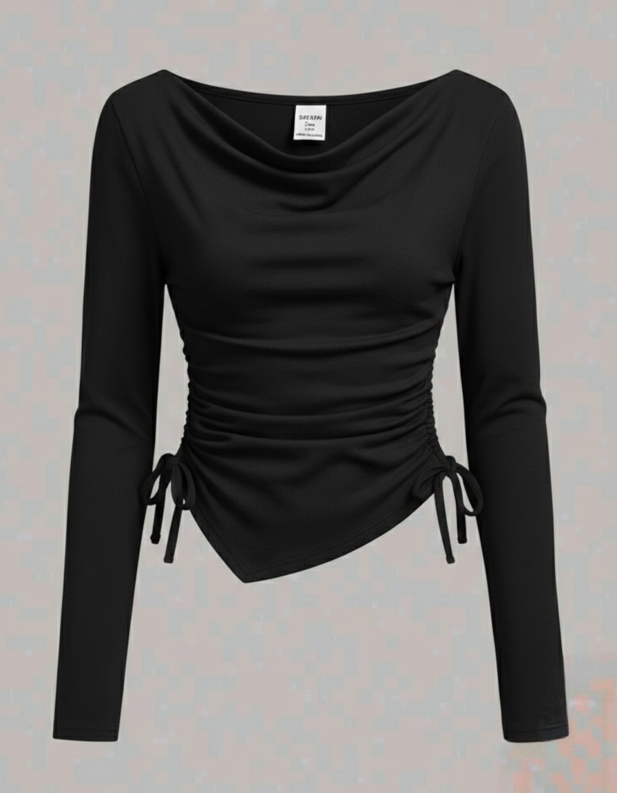 Ruffle Neck Side Ruched Full Sleeves Top