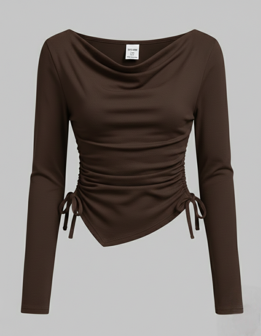 Ruffle Neck Side Ruched Full Sleeves Top