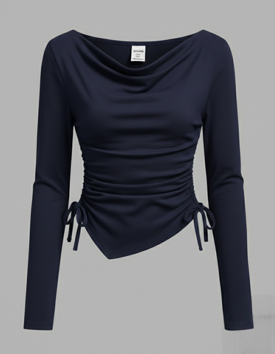 Ruffle Neck Side Ruched Full Sleeves Top
