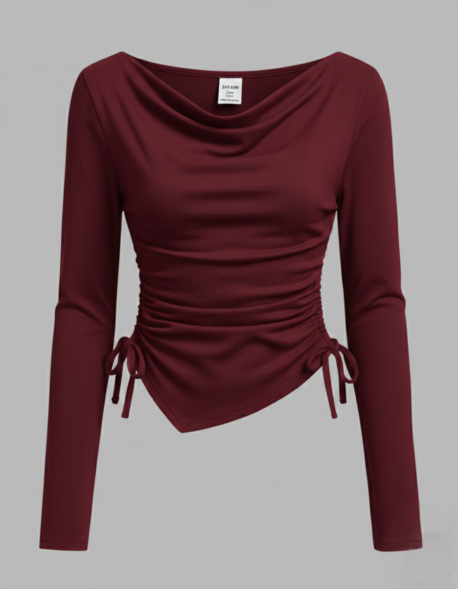Ruffle Neck Side Ruched Full Sleeves Top