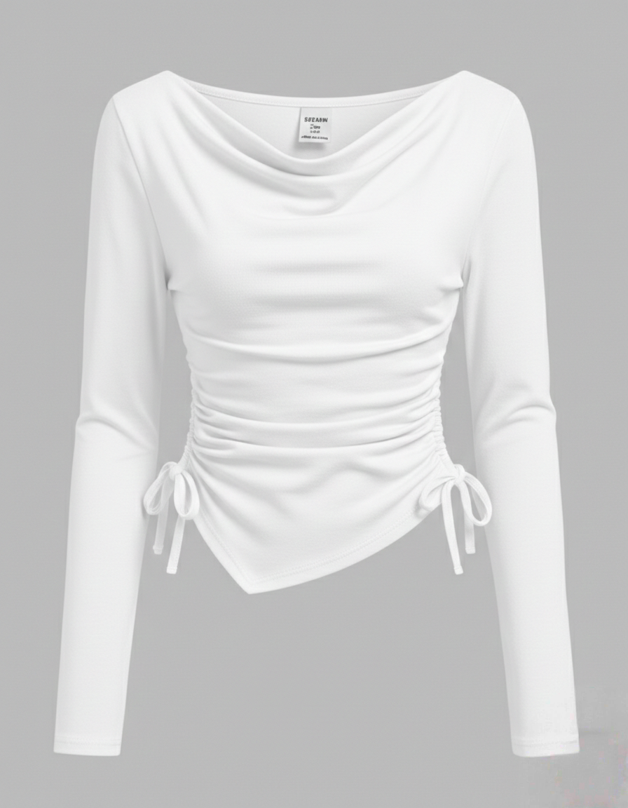 Ruffle Neck Side Ruched Full Sleeves Top