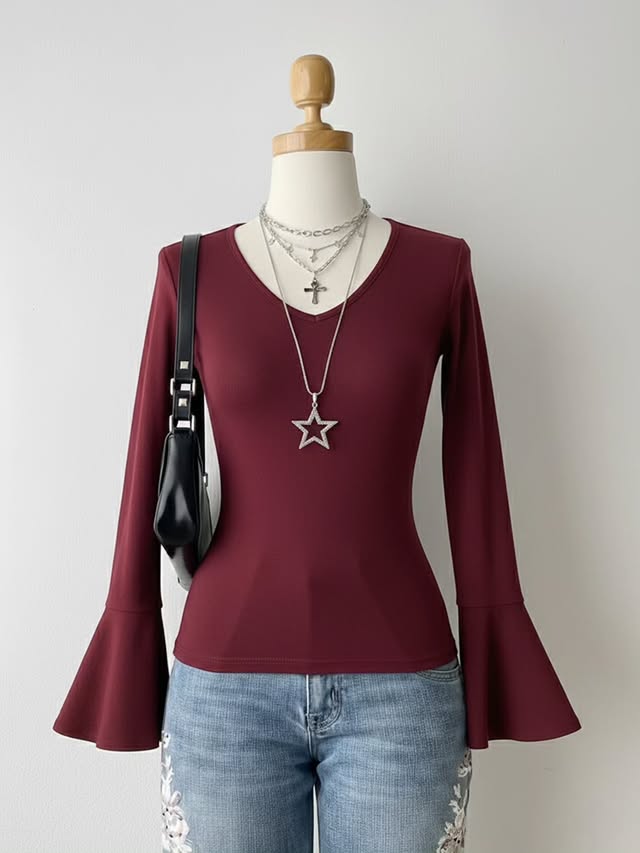 V-Neck Flare Sleeves Top