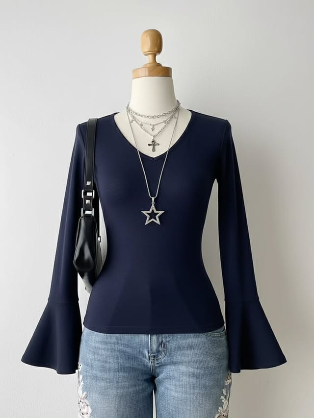 V-Neck Flare Sleeves Top