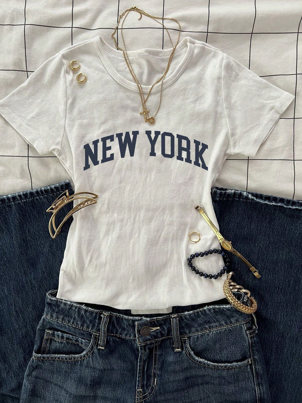 Round Neck NY Printed Top Half Sleeves