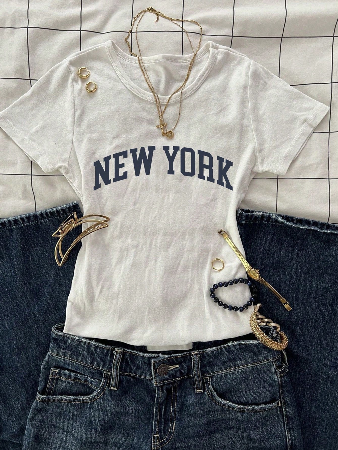 Round Neck NY Printed Top Half Sleeves