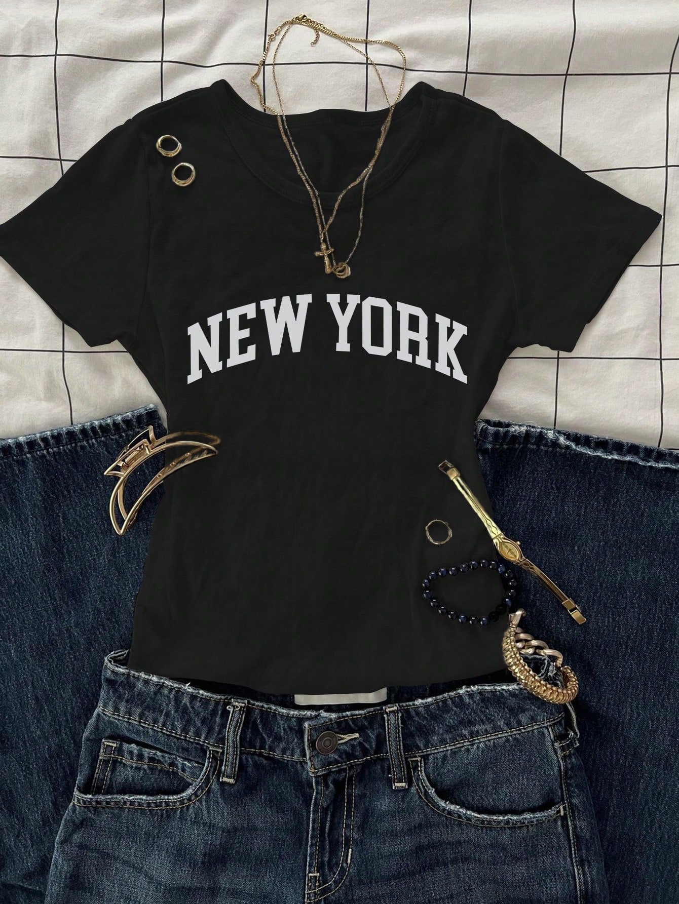 Round Neck NY Printed Top Half Sleeves