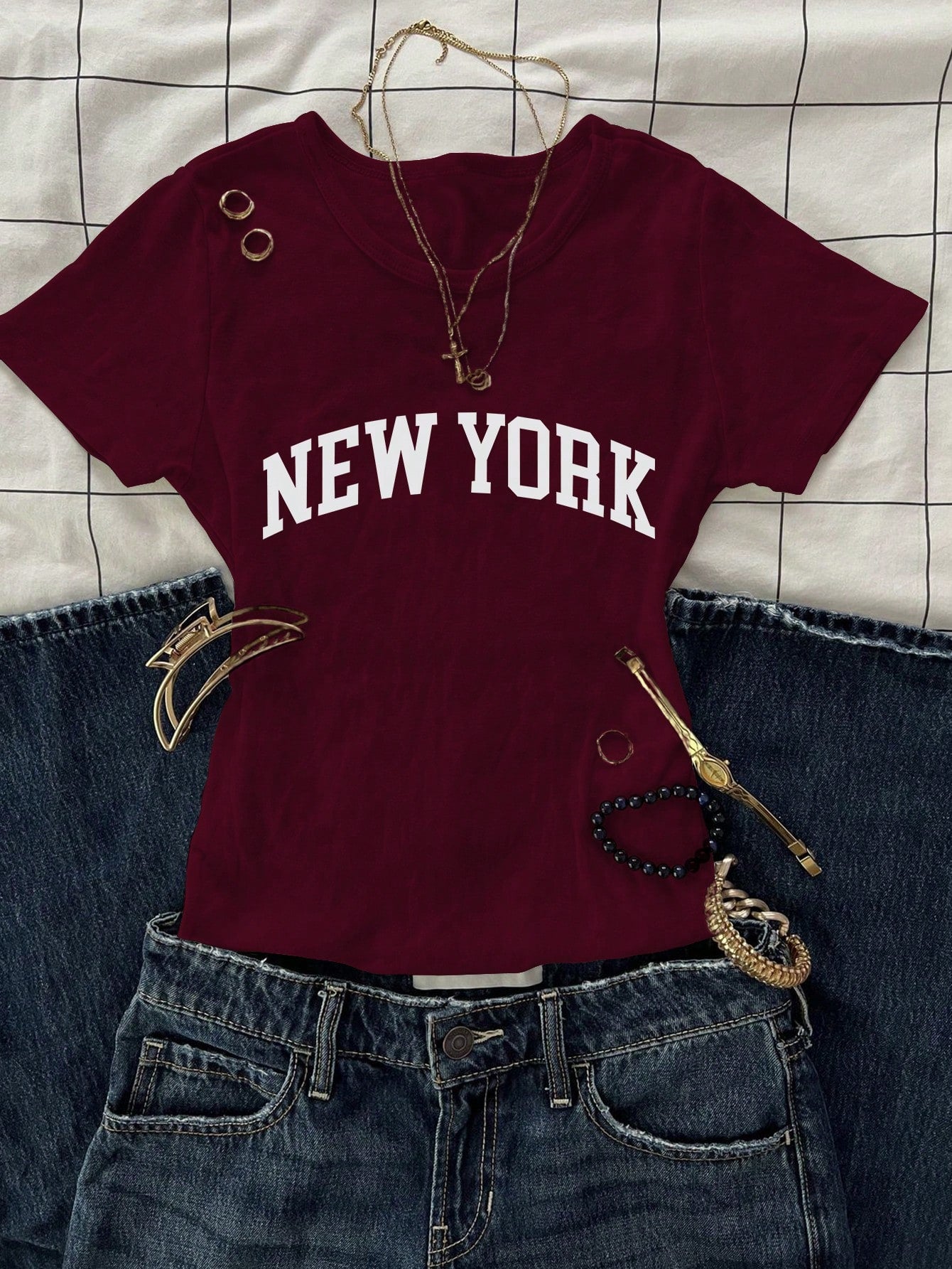 Round Neck NY Printed Top Half Sleeves