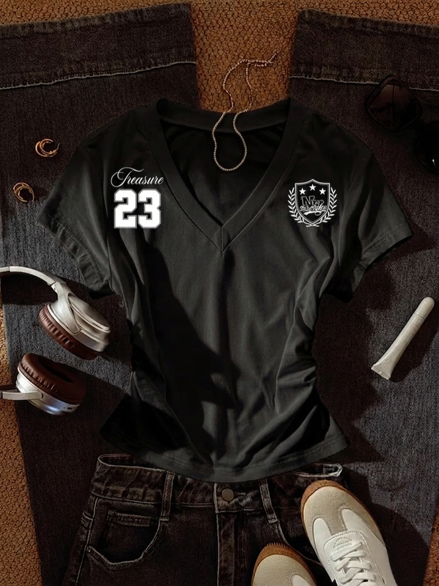 V-Neck Printed Top Half Sleeves