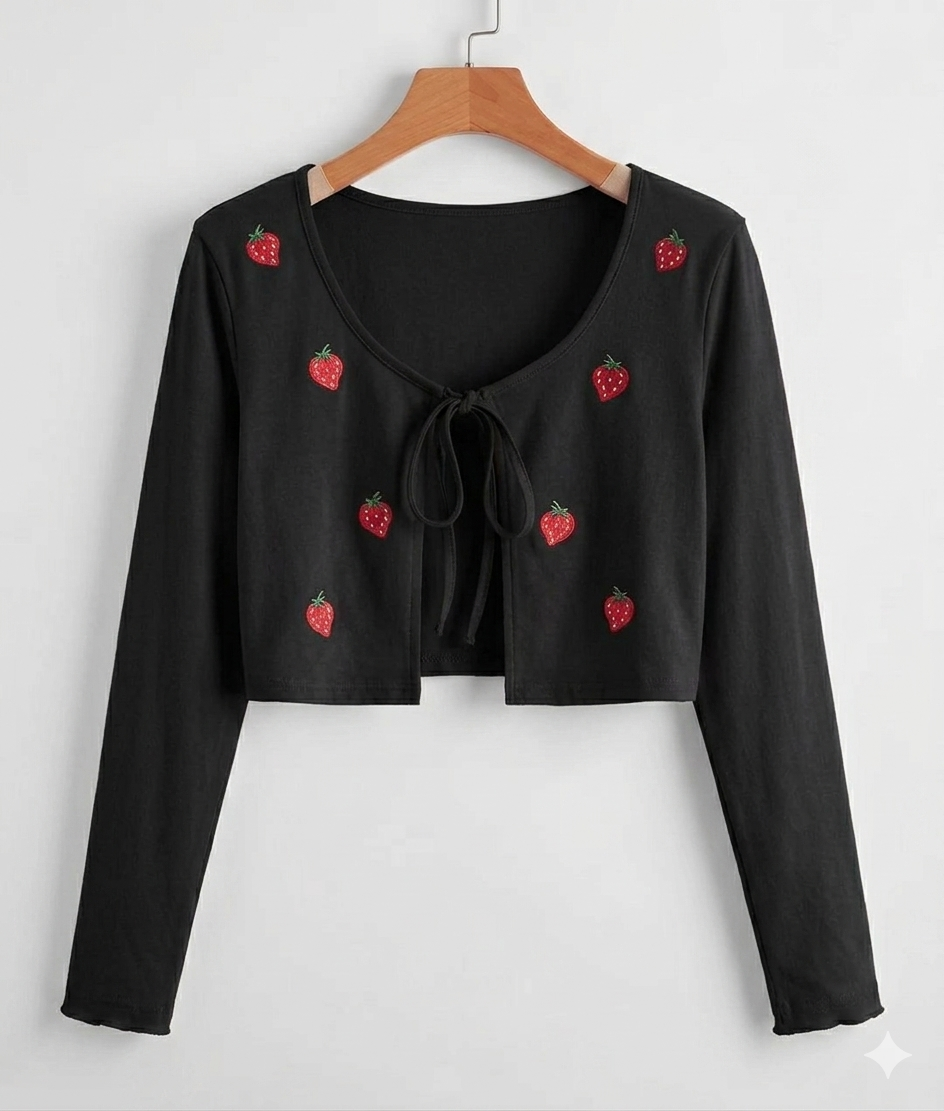 Fitted Tie Front Full Sleeves Strawberry Cardigan