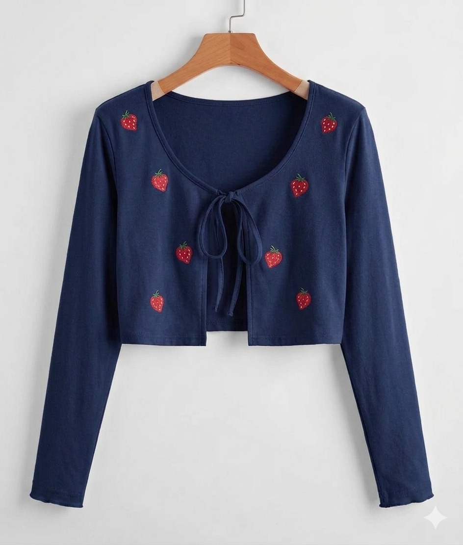 Fitted Tie Front Full Sleeves Strawberry Cardigan