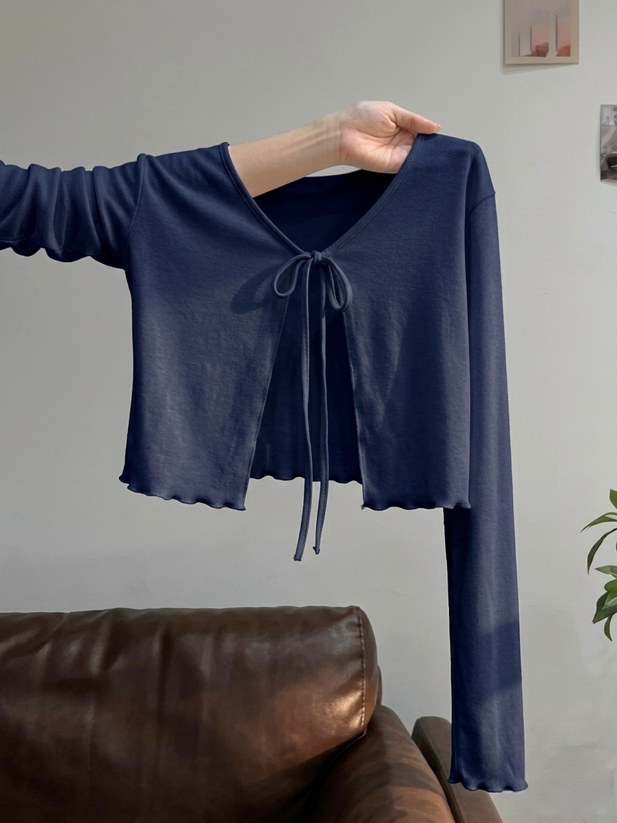 Fitted Lettuce Tie Front Full Sleeves Cardigan