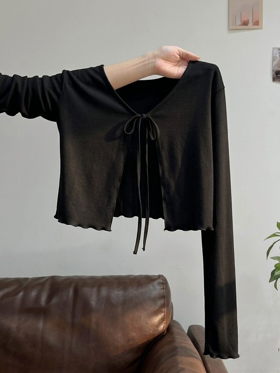Fitted Lettuce Tie Front Full Sleeves Cardigan