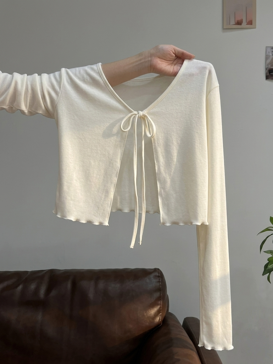 Fitted Lettuce Tie Front Full Sleeves Cardigan