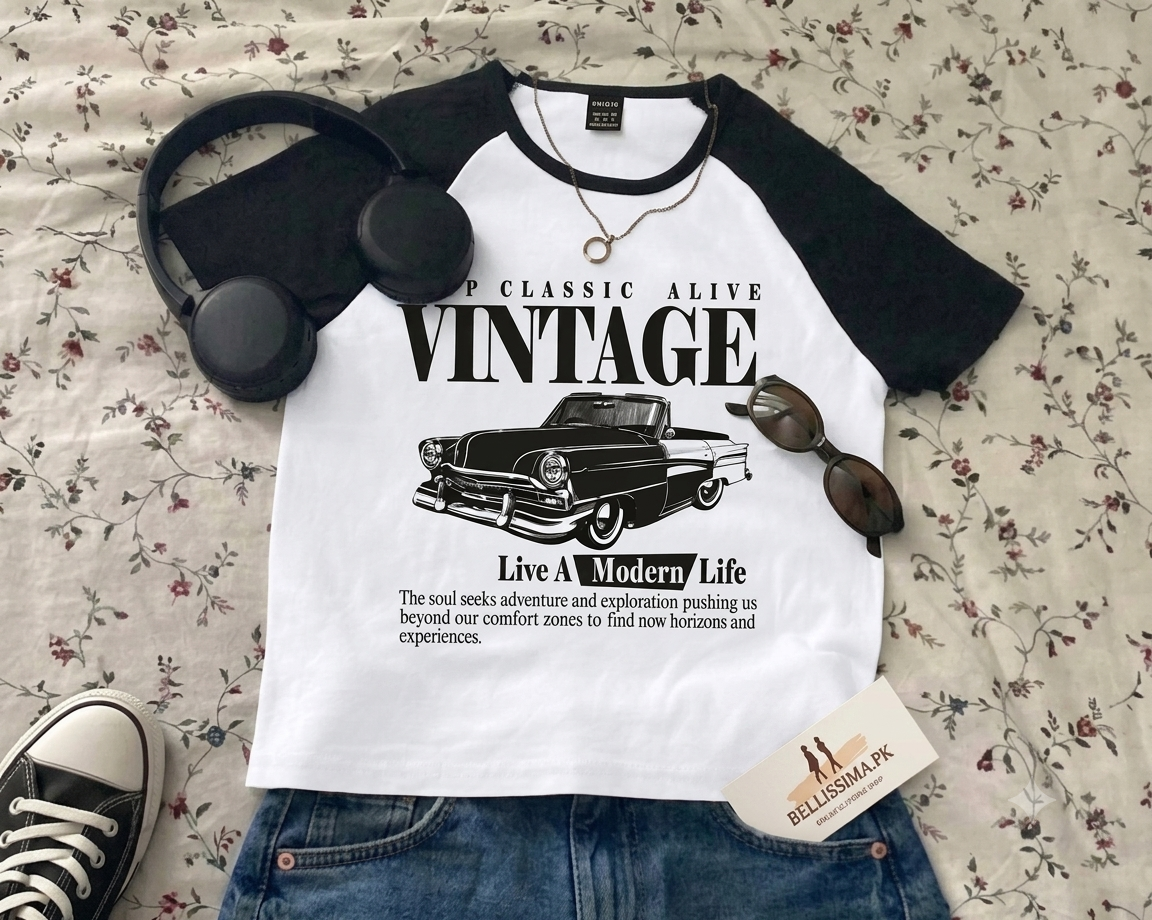 Vintage Car Raglan Half Sleeves Top