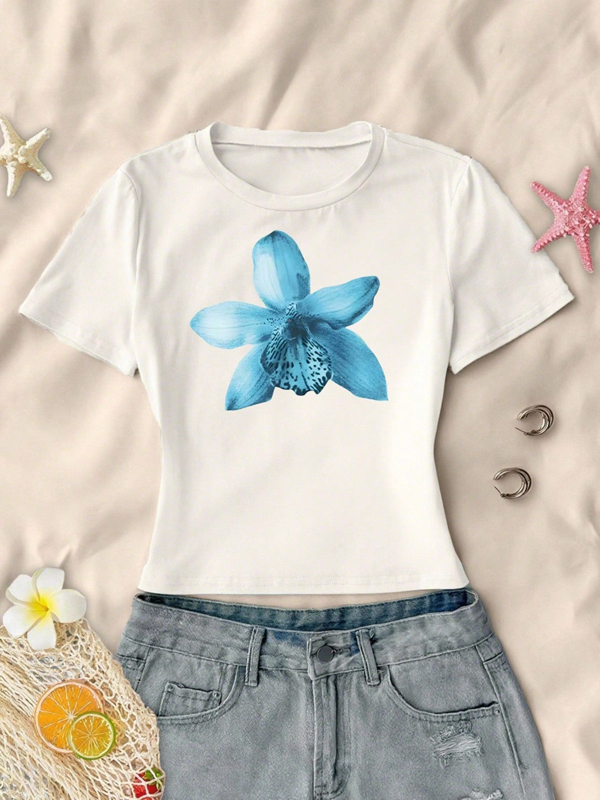 Blue Flower Crew Neck Top