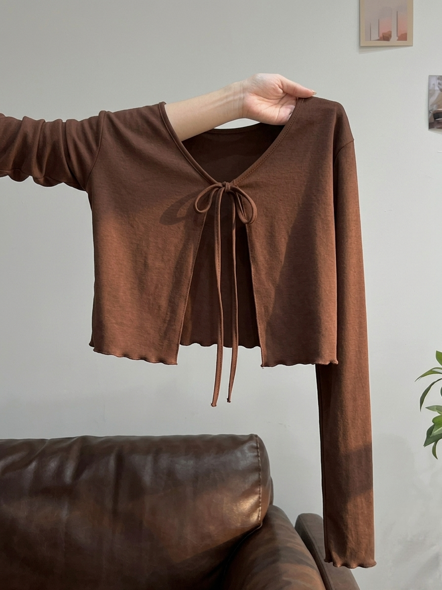 Fitted Lettuce Tie Front Full Sleeves Cardigan
