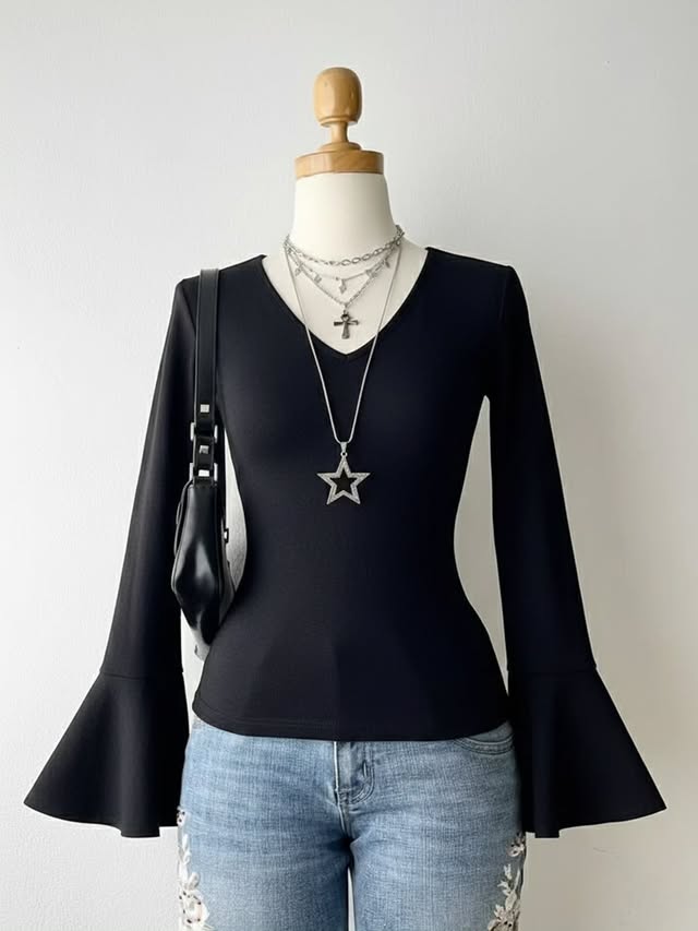 V-Neck Flare Sleeves Top