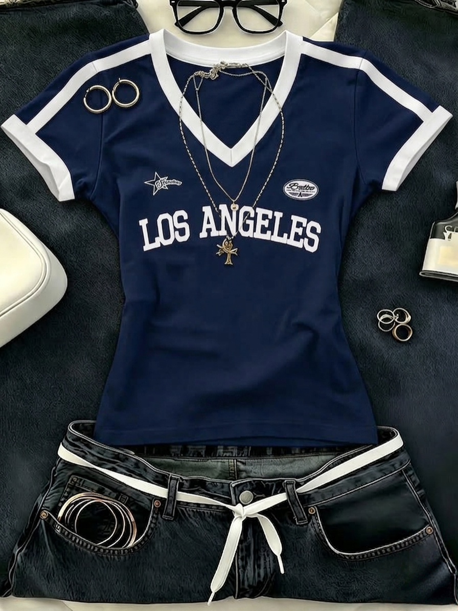 V-Neck Stripes LA Half Sleeves Top