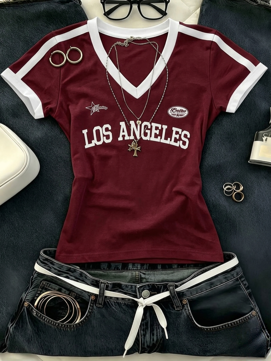 V-Neck Stripes LA Half Sleeves Top