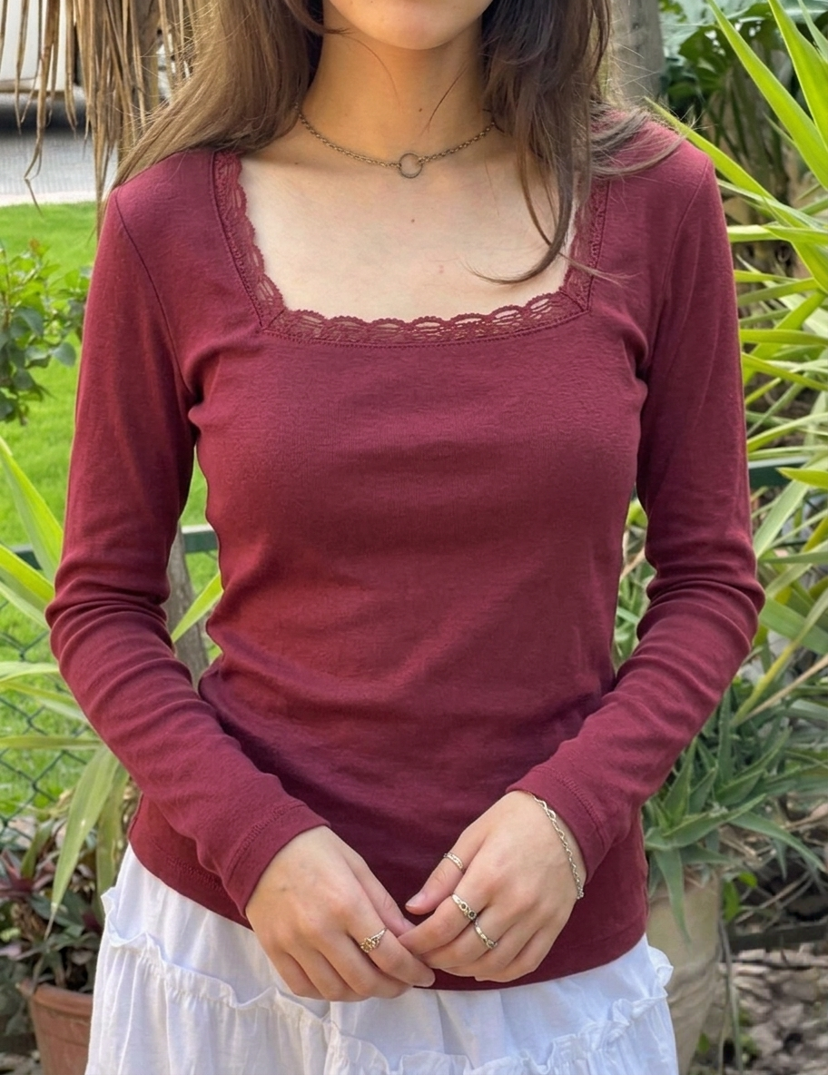 Lace Square Neck Full Sleeves Top