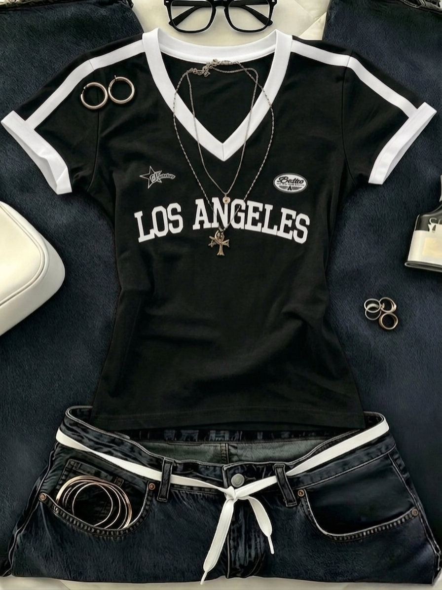 V-Neck Stripes LA Half Sleeves Top