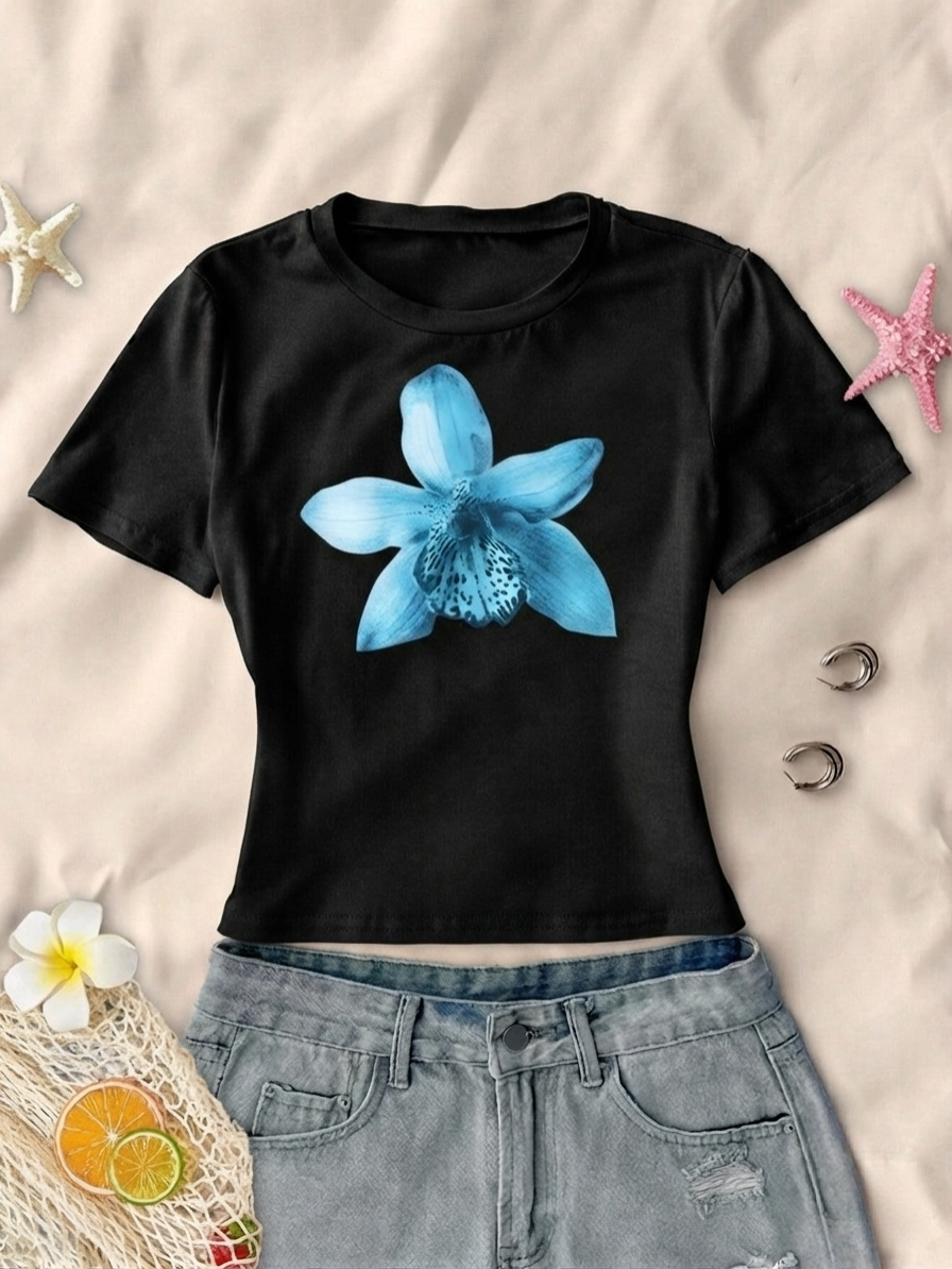 Blue Flower Crew Neck Top