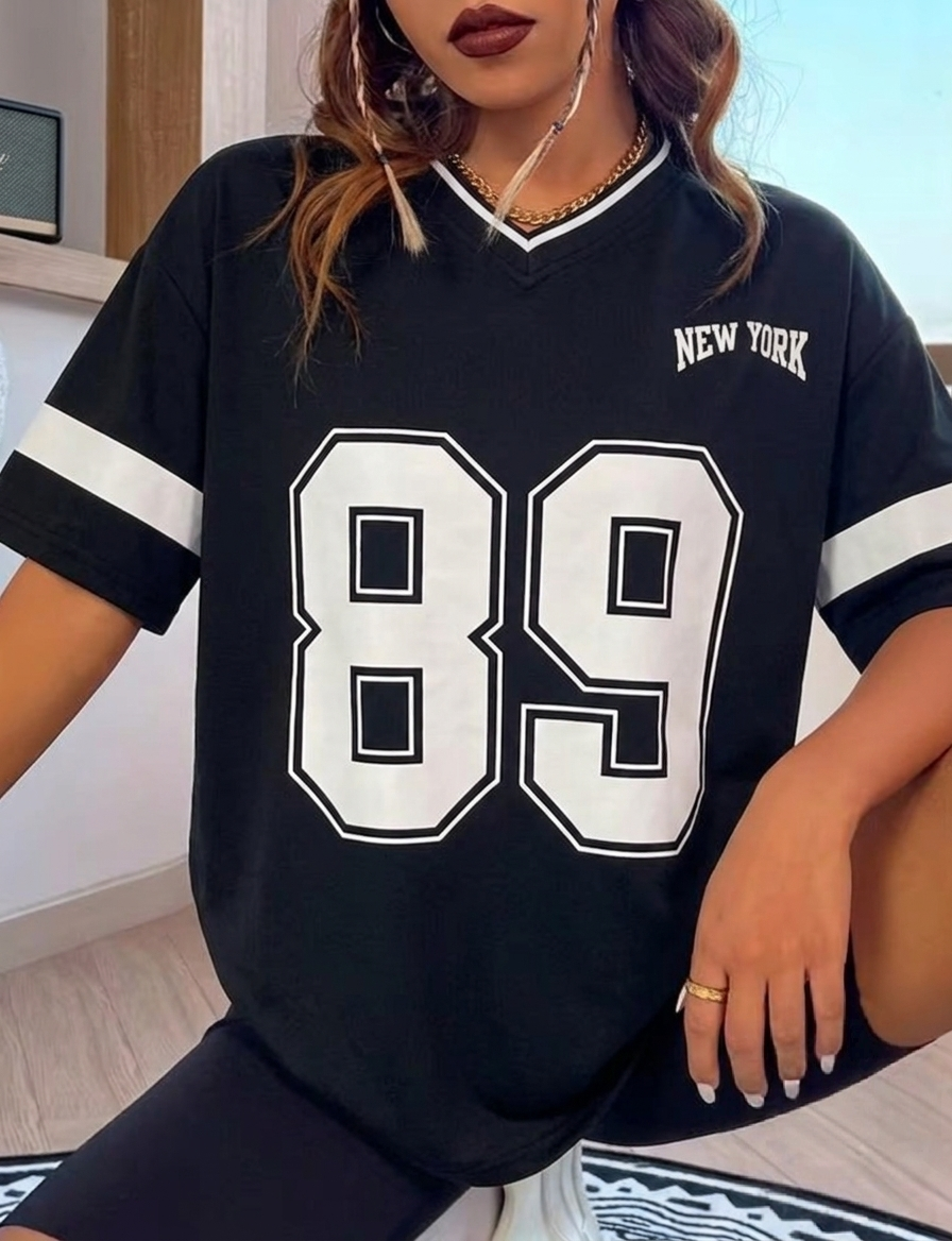 89 NY Graphic Print Oversized Stripes Tee
