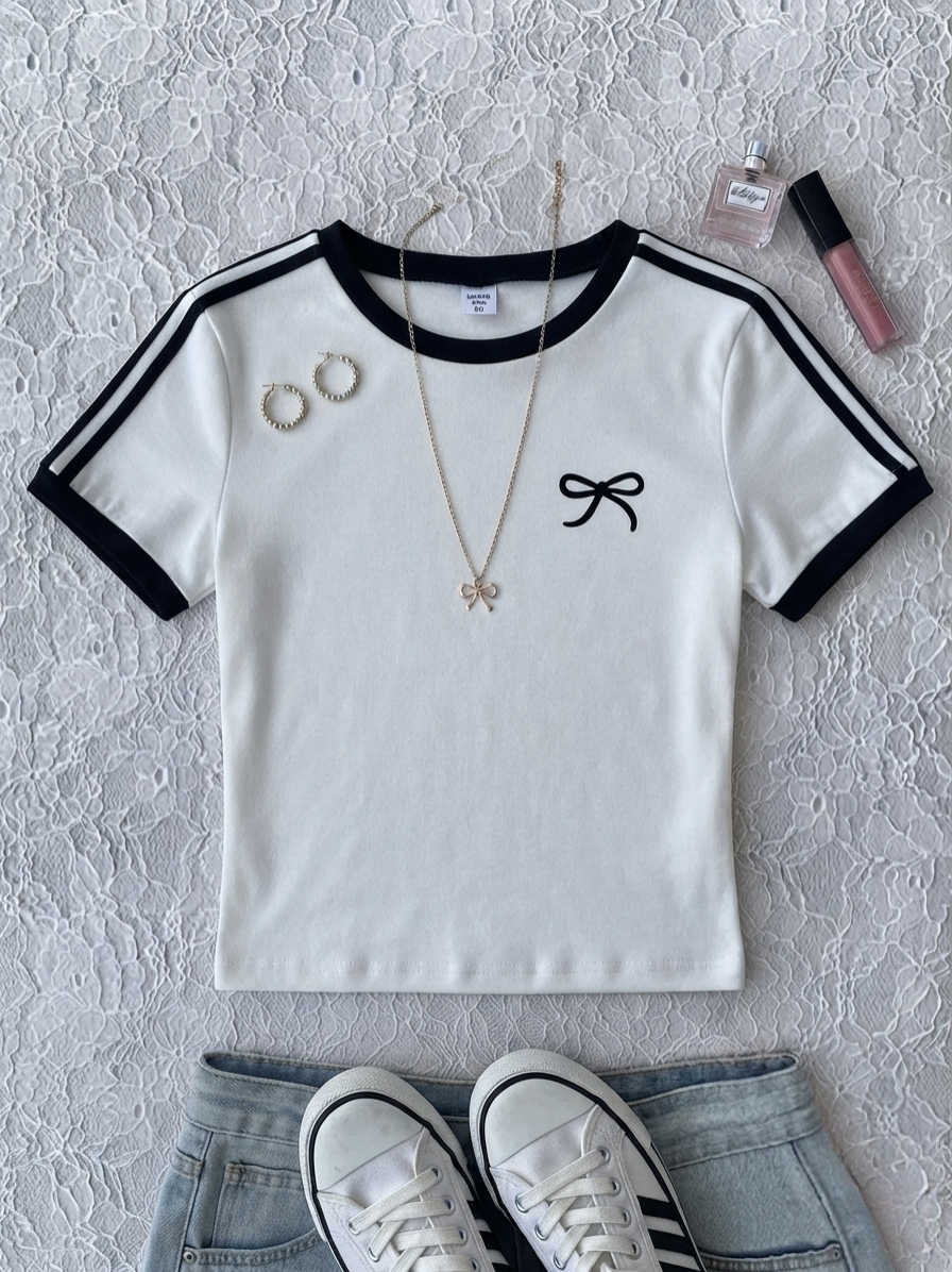 Crew Neck Stripes Bow Tee