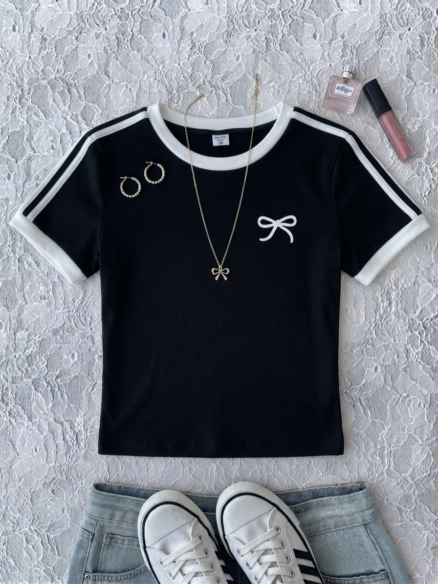 Crew Neck Stripes Bow Tee